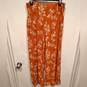 Three Dots Women's Burnt Orange Floral Wide Leg Smocked Waist Palazzo Pants Sz L